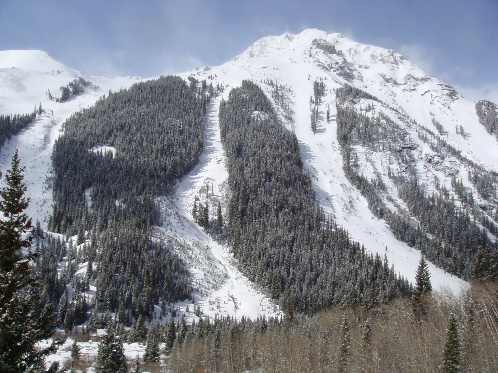 Snow-covered San Juan peak rising above a forested ridge near Champion Lode